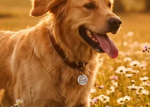Golden Retriever portant une médaille personnalisée et fabriquée en France Medaléa
