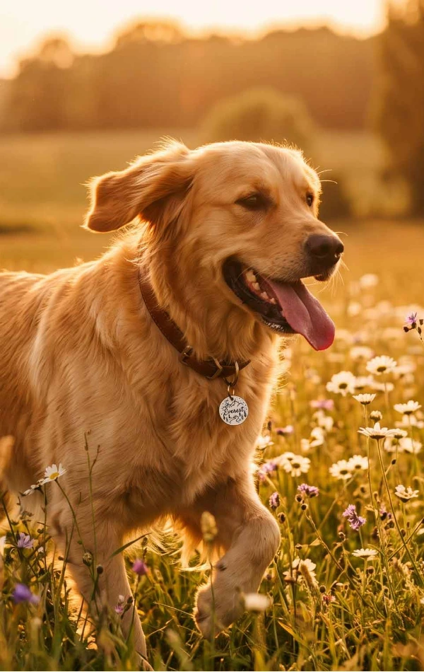 Golden Retriever portant une médaille personnalisée et fabriquée en France Medaléa